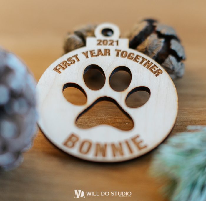 Personalised Dog Paw Bauble – ‘First Year Together’ Wooden Ornament with Pet’s Name