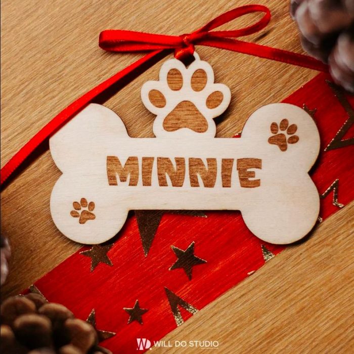 Personalised Dog Bone and Paw Bauble – Custom Wooden Christmas Ornament with Pet’s Name
