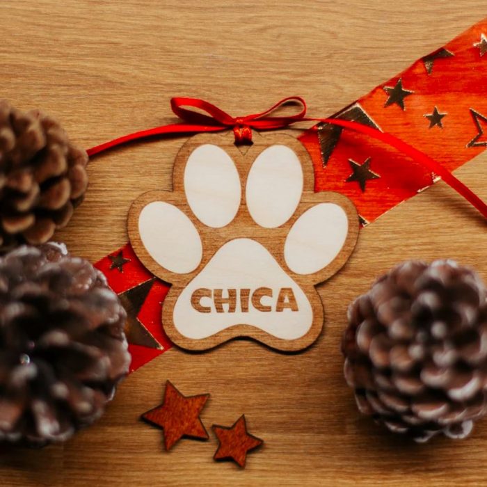 Personalised Dog Paw Bauble – Custom Wooden Christmas Ornament with Pet’s Name