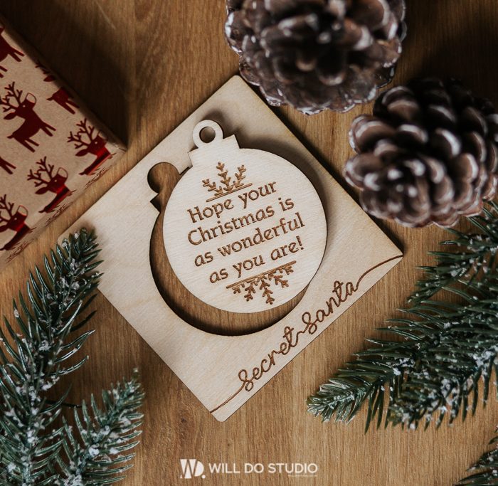 Personalised Wooden Secret Santa Card with Round Bauble – Custom Engraved Christmas Gift