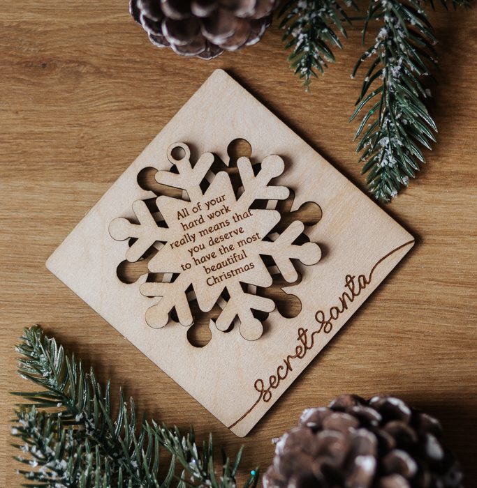 Personalised Wooden Secret Santa Card with Snowflake Bauble – Custom Engraved Christmas Gift