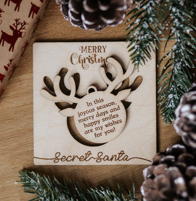 Wooden Secret Santa Card with Reindeer Bauble – Personalised Christmas Gift
