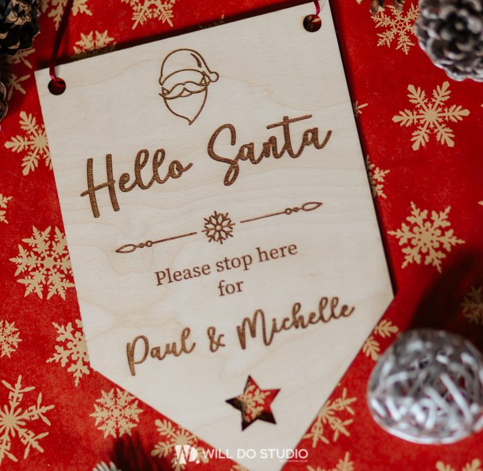 Personalised Wooden Christmas Door Sign – “Hello Santa, Please Stop Here For…” with Child’s Name