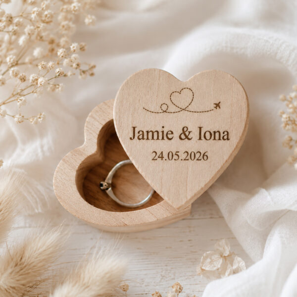 Personalised Travel-Themed Wooden Heart Ring Box