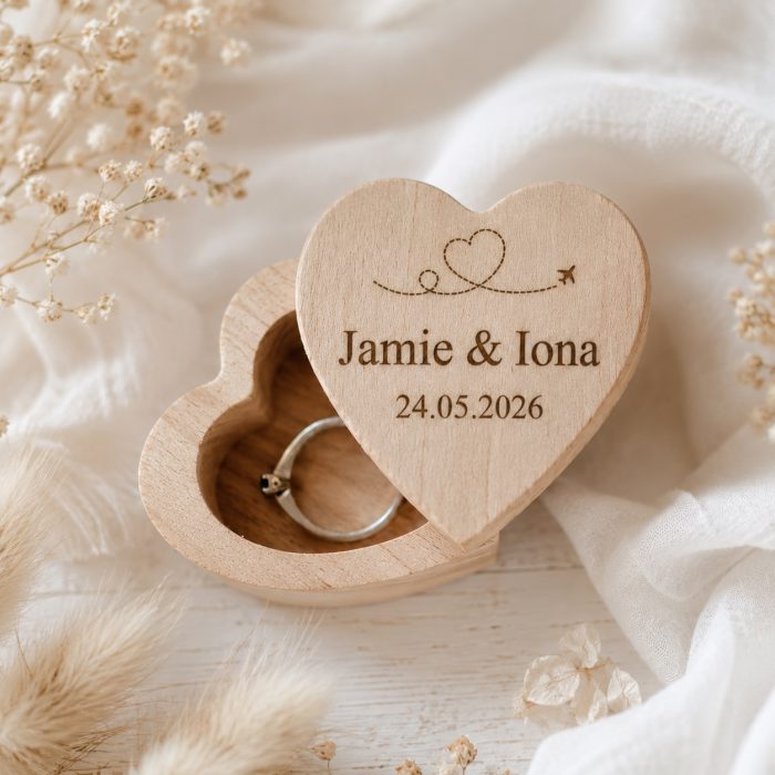 Personalised Wooden Heart Ring Box - Travel
