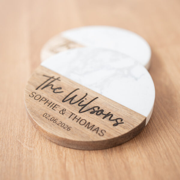 Personalised Wood and Marble-Style Stone Coasters - Set of 2