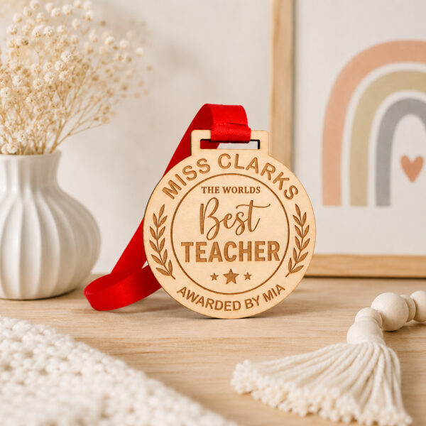 Personalised Wooden Teacher Medal - "The World's Best Teacher"