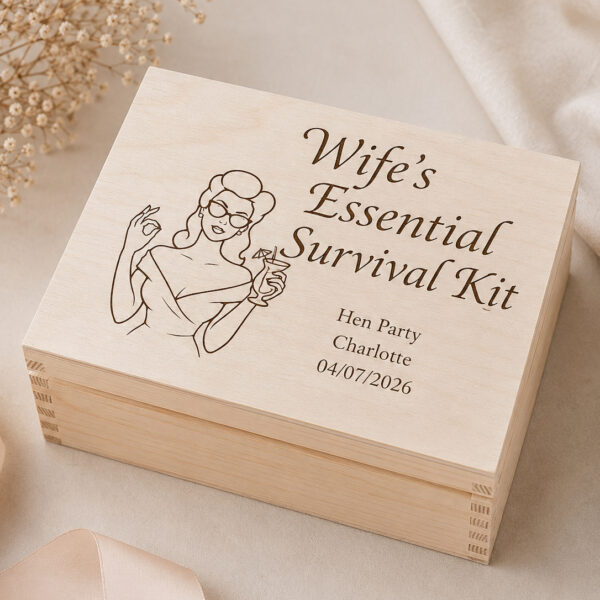 Personalised Wooden Gift Box with 6 Compartments - Wife's Essential Survival Kit