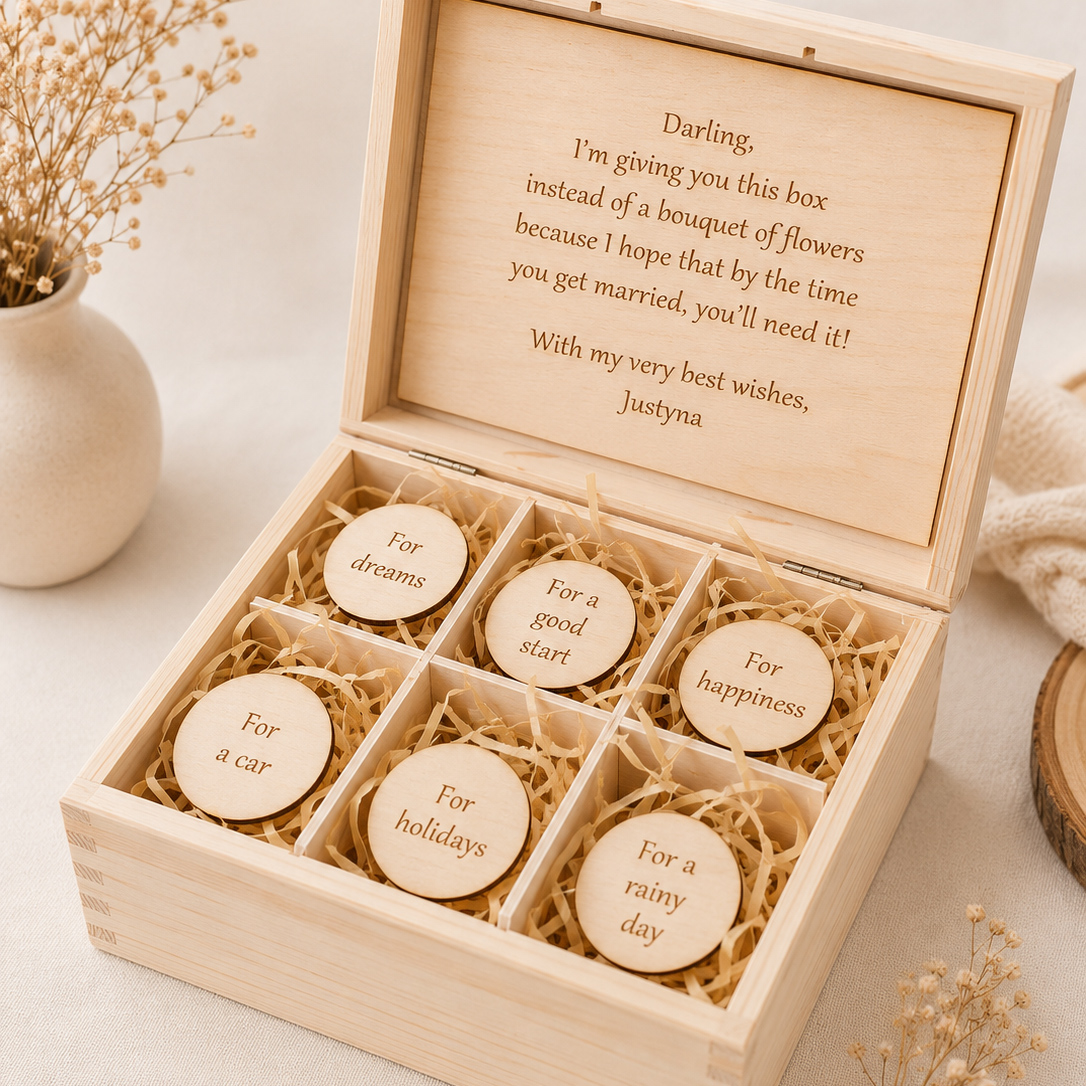 Personalised Wooden Gift Box with 6 Compartments - Wife's Essential Survival Kit - Image 2