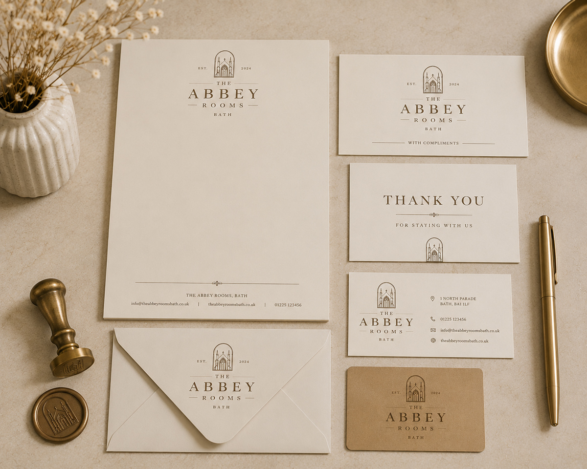 Engraved guest book with branded notebook and pen