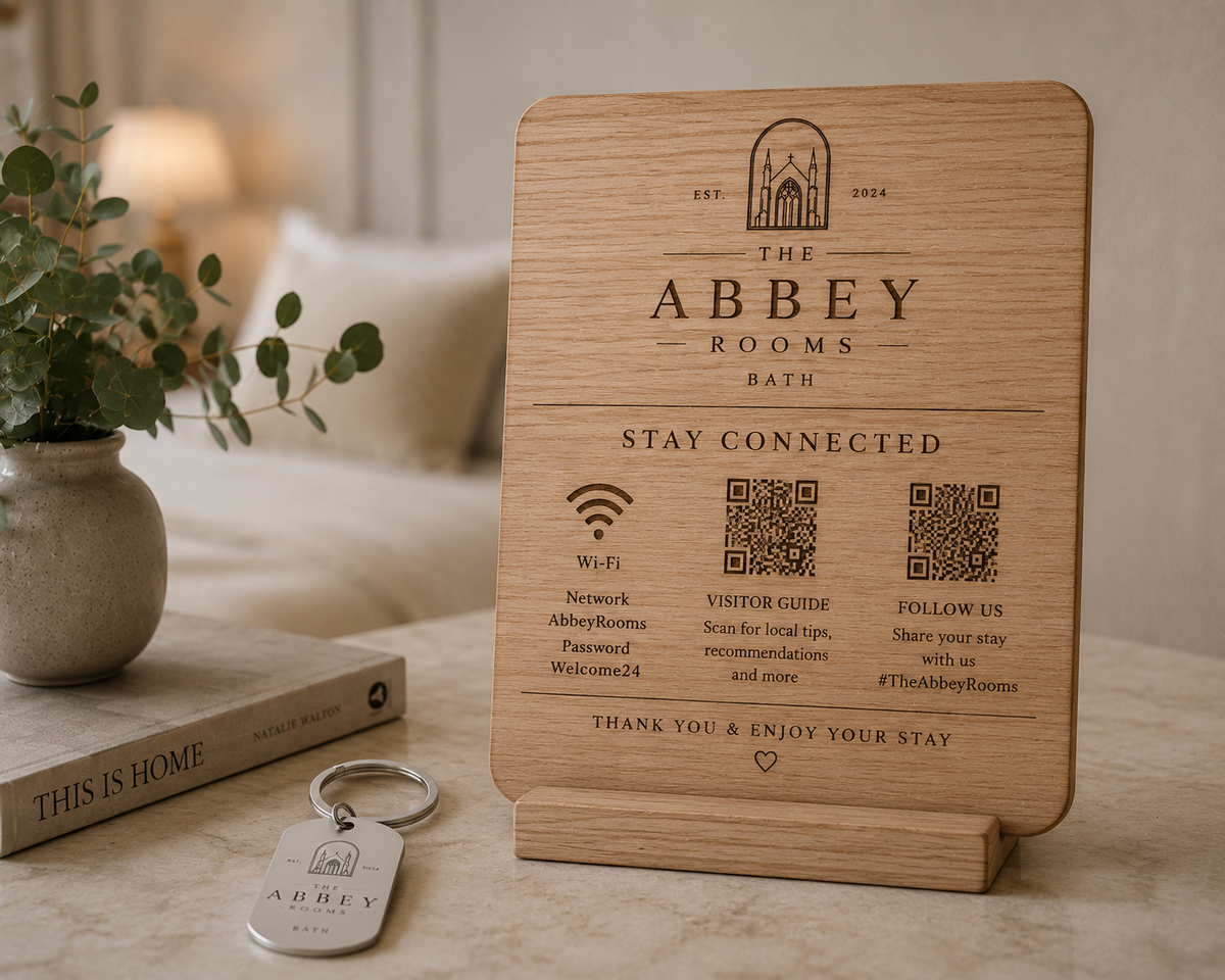 Engraved timber Wi-Fi QR plaque